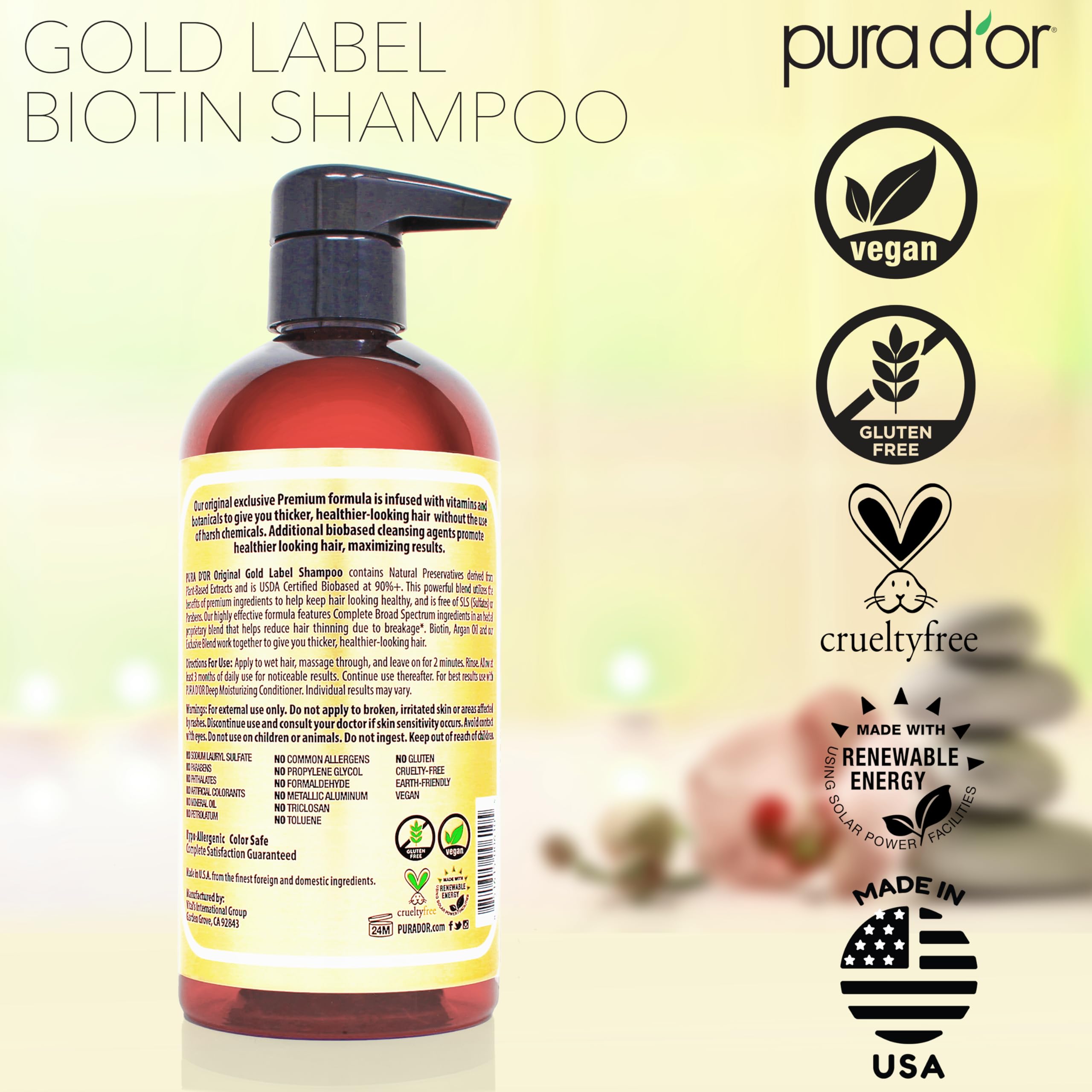 PURA D'OR packaging highlights vegan, cruelty-free, USA-made ethos.