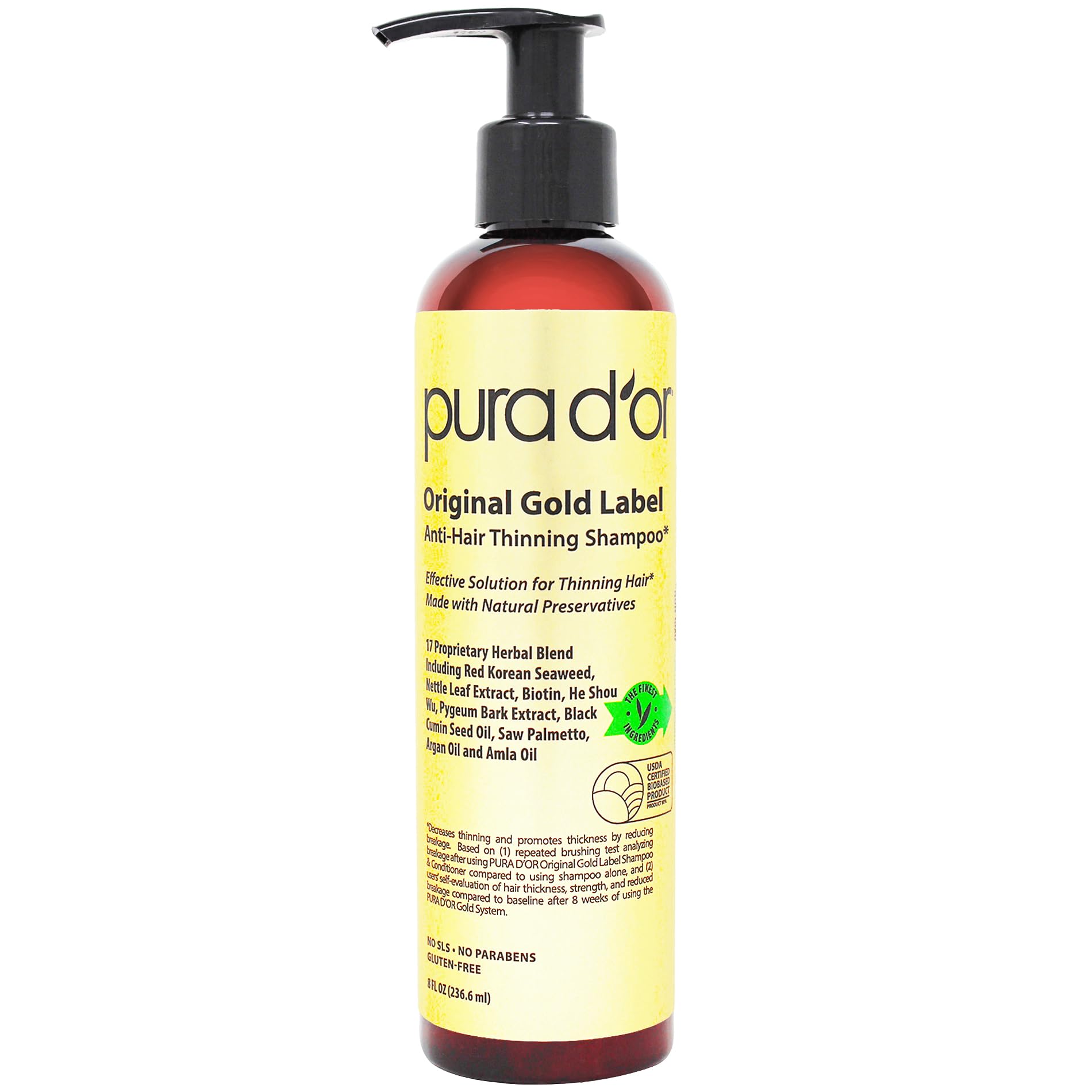 PURA D'OR Original Gold Label bottle for thinning hair and everyday cleansing.