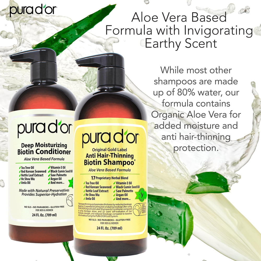 PURA D'OR Original Gold Label conditioner bottle close-up with aloe base for sensitive scalps.