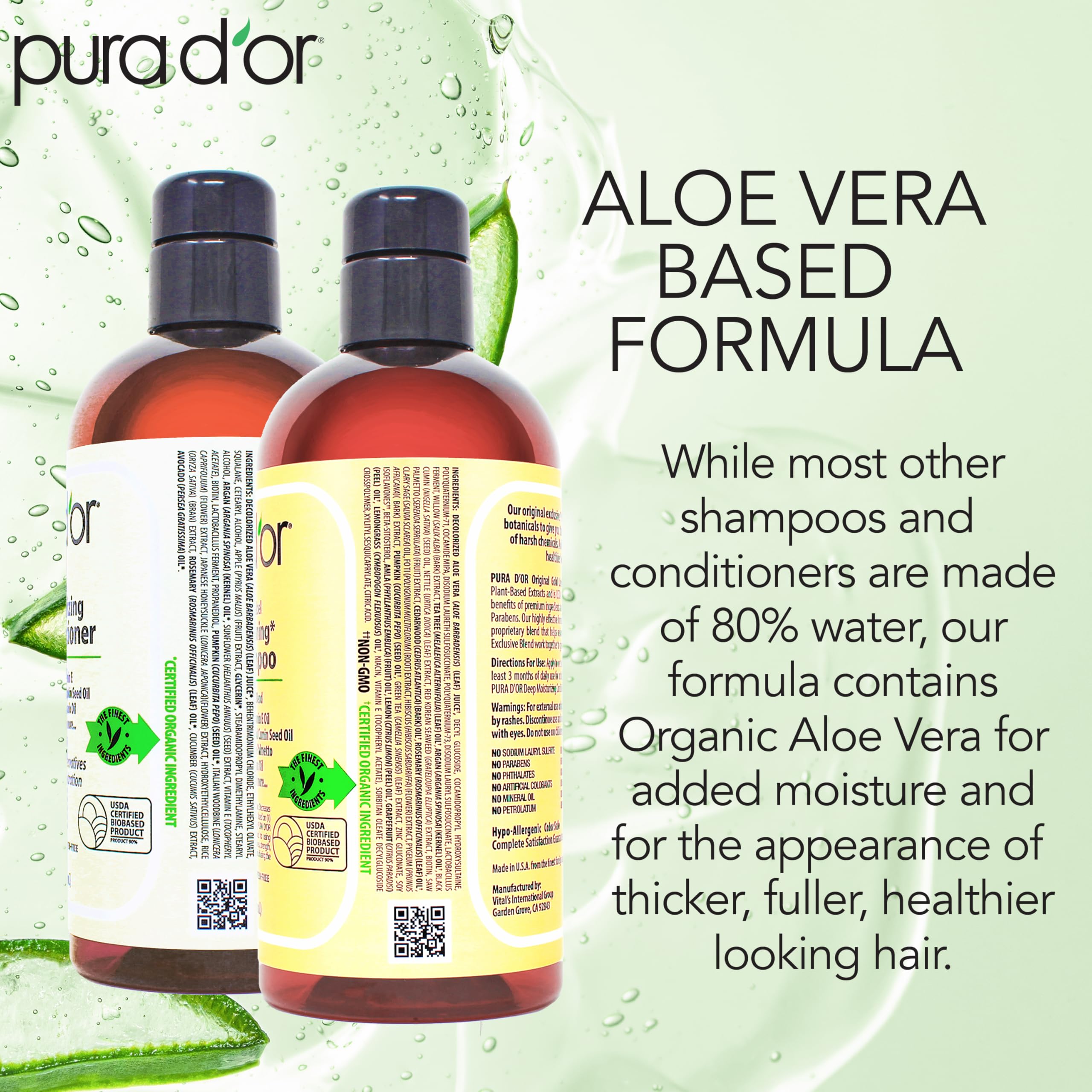 PURA D'OR conditioner label close-up showcasing plant-based nourishment for thinning hair
