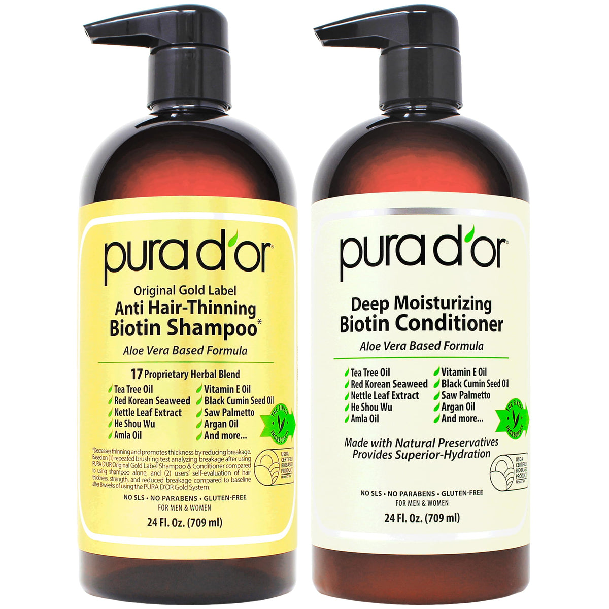 PURA D'OR Original Gold Label shampoo bottle front for fuller-looking hair.