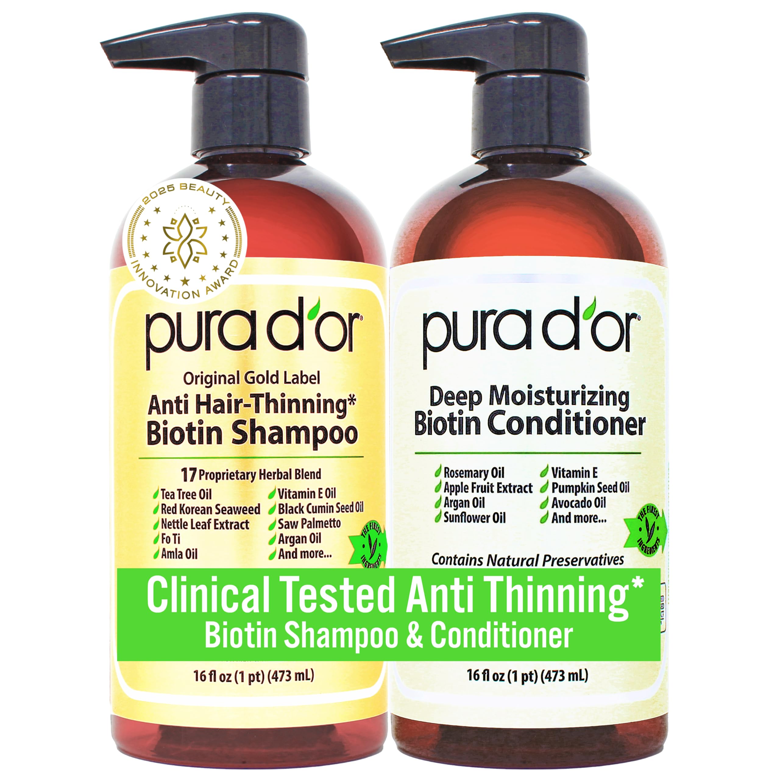 PURA D'OR Original Gold Label shampoo bottle with biotin-infused formula for fuller-looking hair
