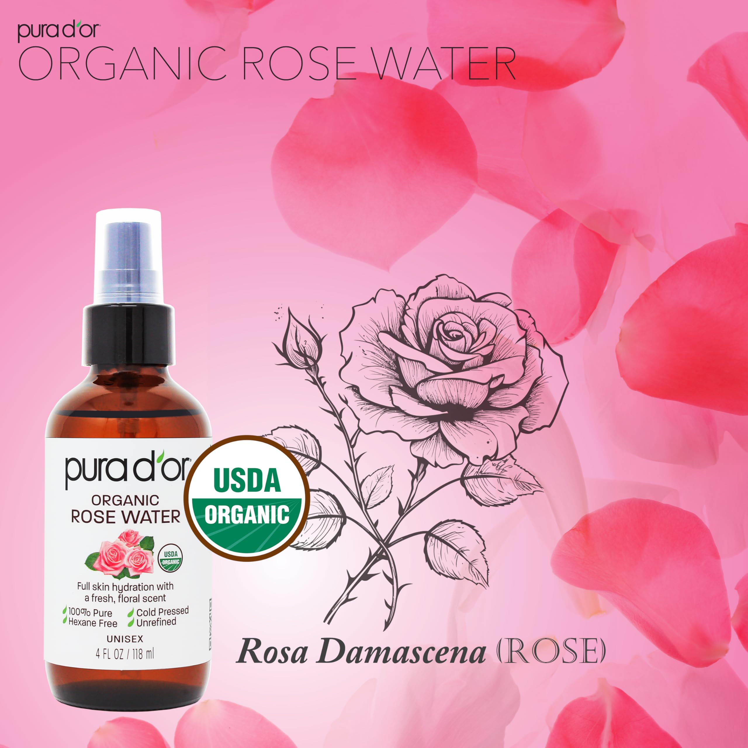 PURA D’OR Rose Water Toner: ingredientes antioxidantes y vitaminas para la piel.