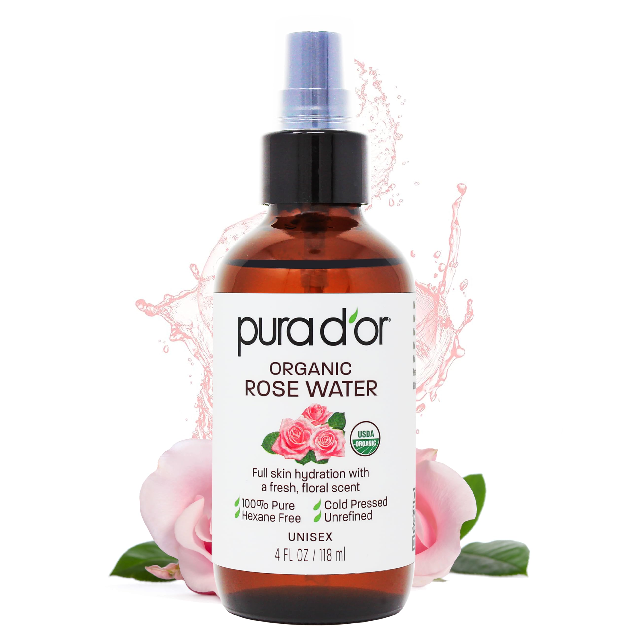 PURA D’OR Rose Water Toner, frasco: hidrata piel suavemente y facilita la limpieza diaria.