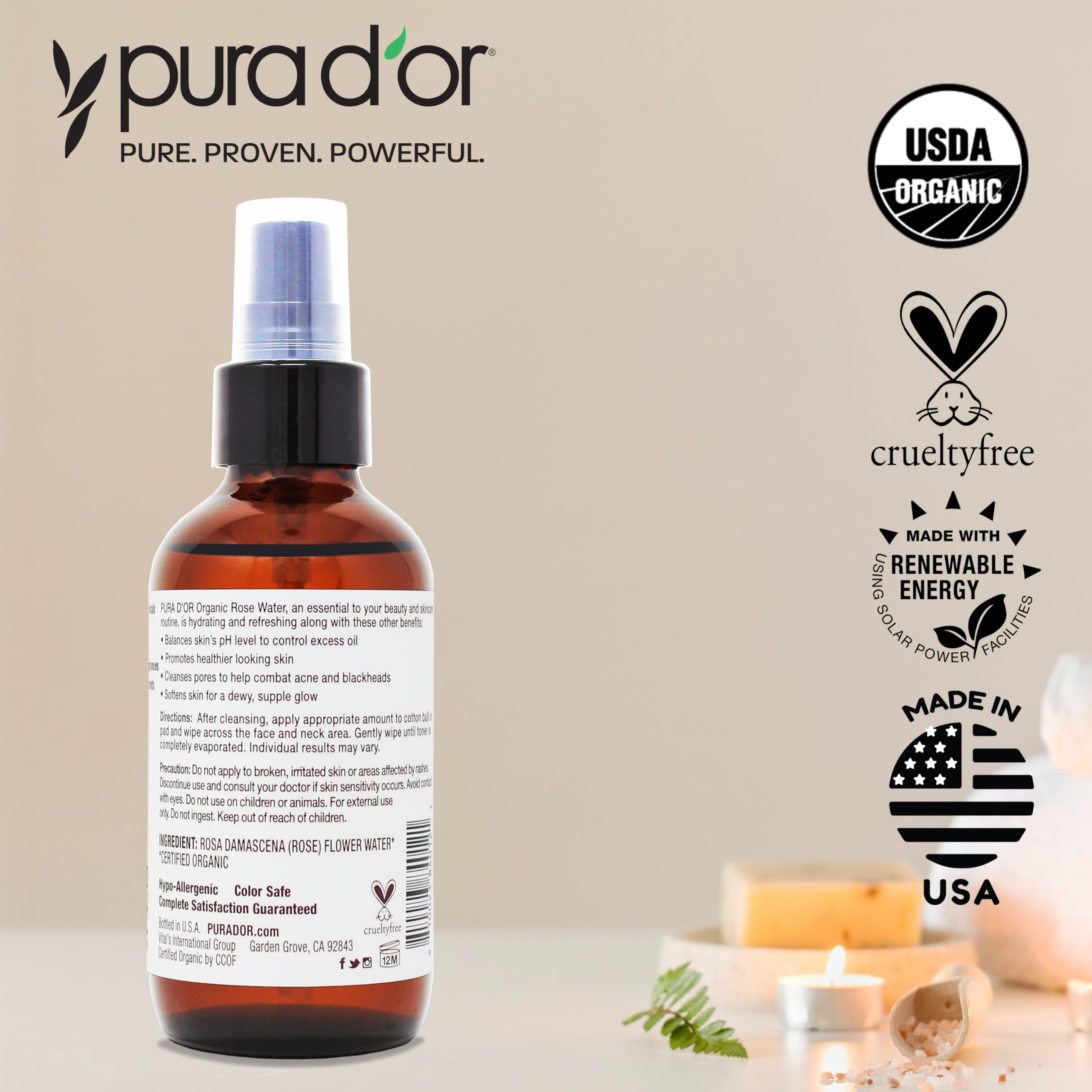 PURA D’OR Rose Water Toner: embalaje puede variar según el lote.