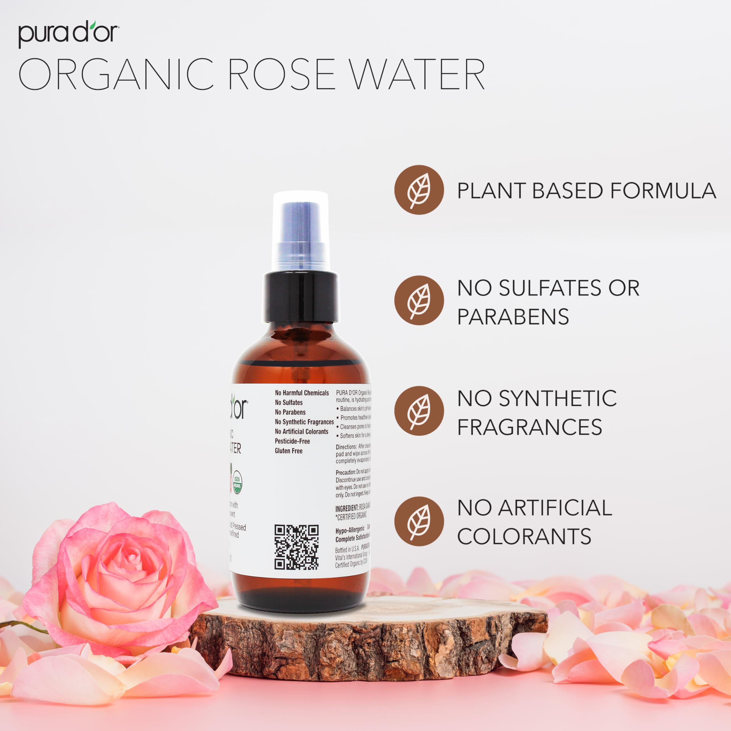 PURA D’OR Rose Water Toner: hidratación prolongada para rostro suave y fresco.