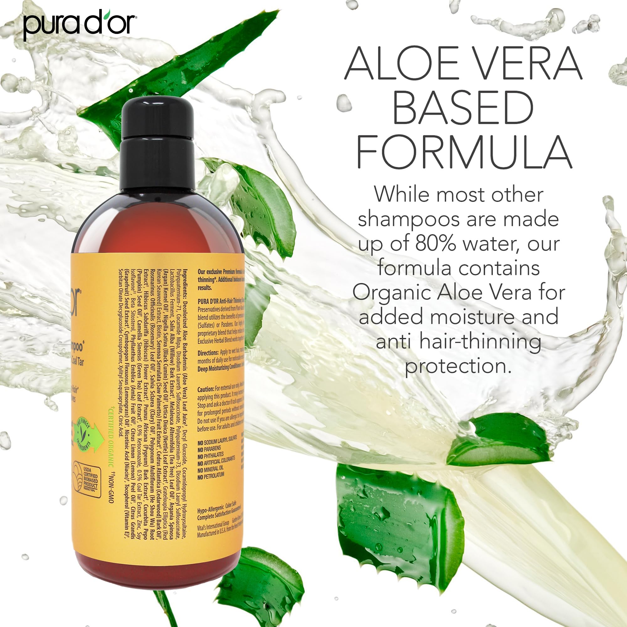 Hands applying PURA D'OR shampoo to scalp for soothing care