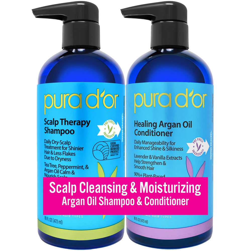 PURA D'OR scalp therapy shampoo bottle promotes hydration for dry, itchy scalp