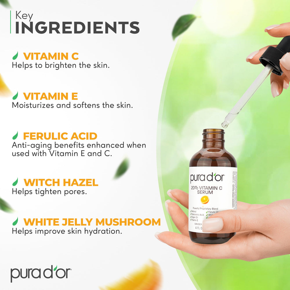 PURA D'OR Suero Vitamina C con ácido hialurónico para hidratación ligera.