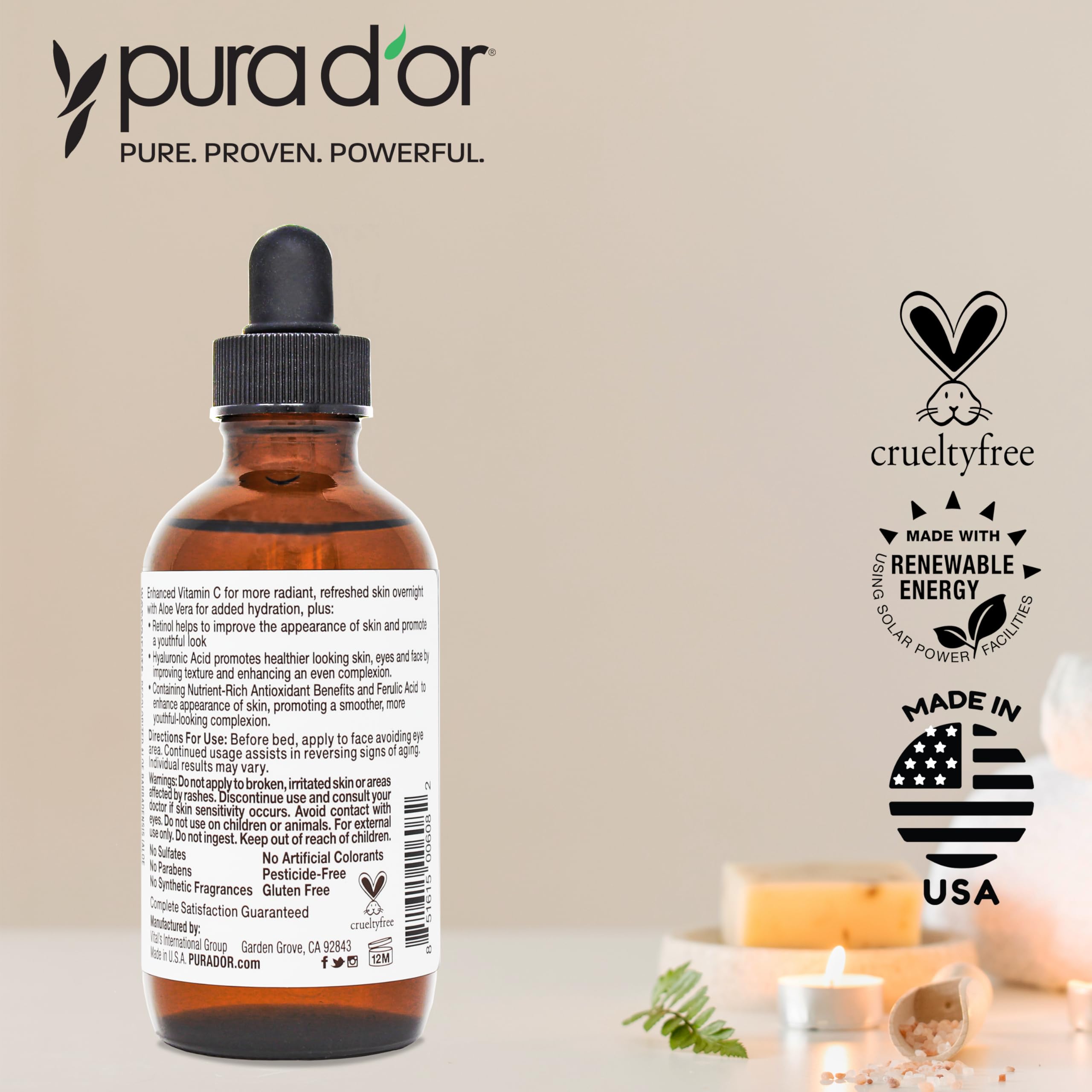 PURA D'OR Suero Vitamina C en frasco, ideal para rutina diaria de cuidado.