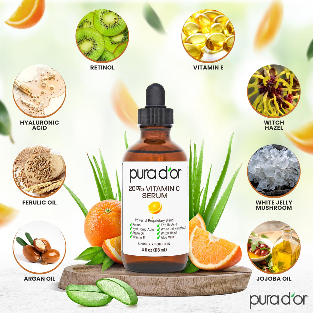 PURA D'OR Suero Vitamina C 20% con absorción rápida para piel suave.