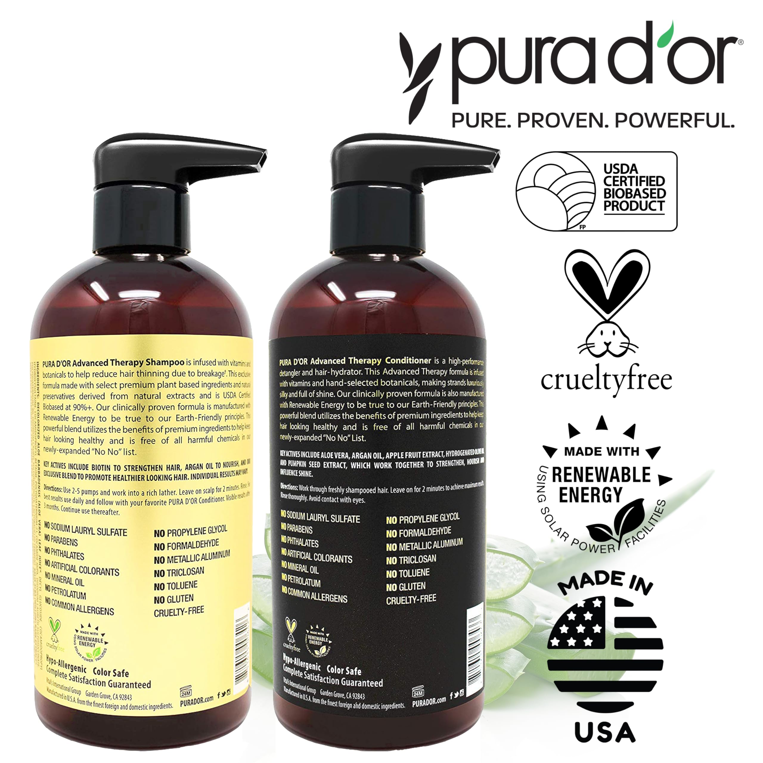PURA D'OR packaging emphasizes sulfate‑ and parabens‑free formula