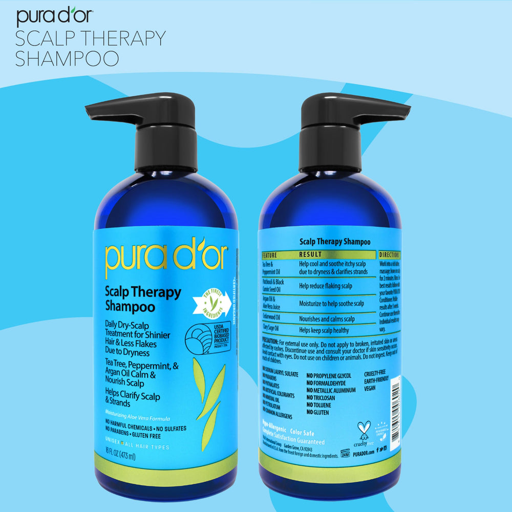 PURA D'OR Tea tree oil close-up signals soothing scalp care.