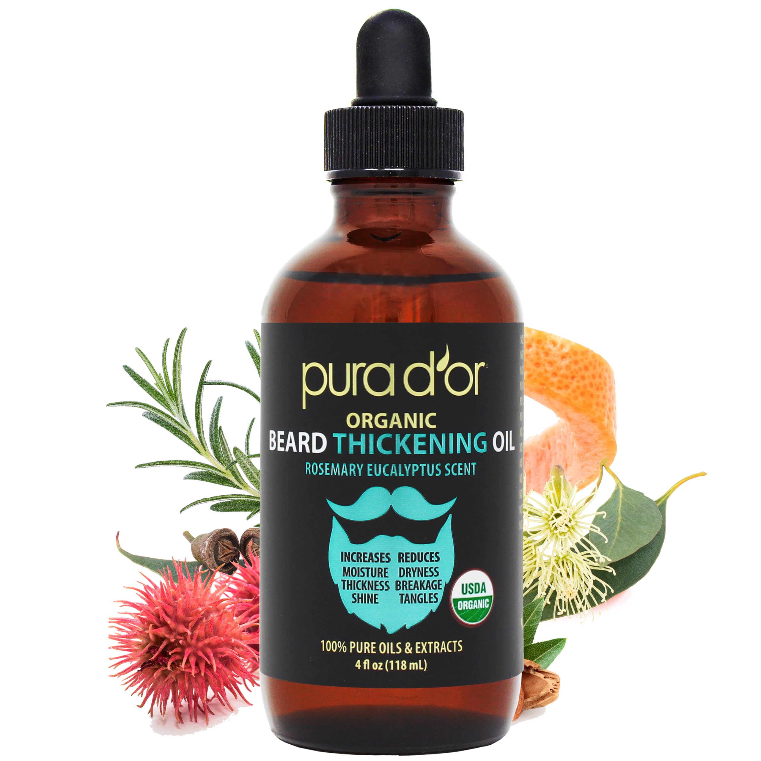 PURA D'OR Thickening Beard Oil bottle with rosemary scent for balanced fragrance and conditioning