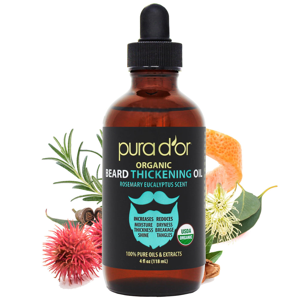 PURA D'OR Thickening Beard Oil bottle with rosemary scent for balanced fragrance and conditioning
