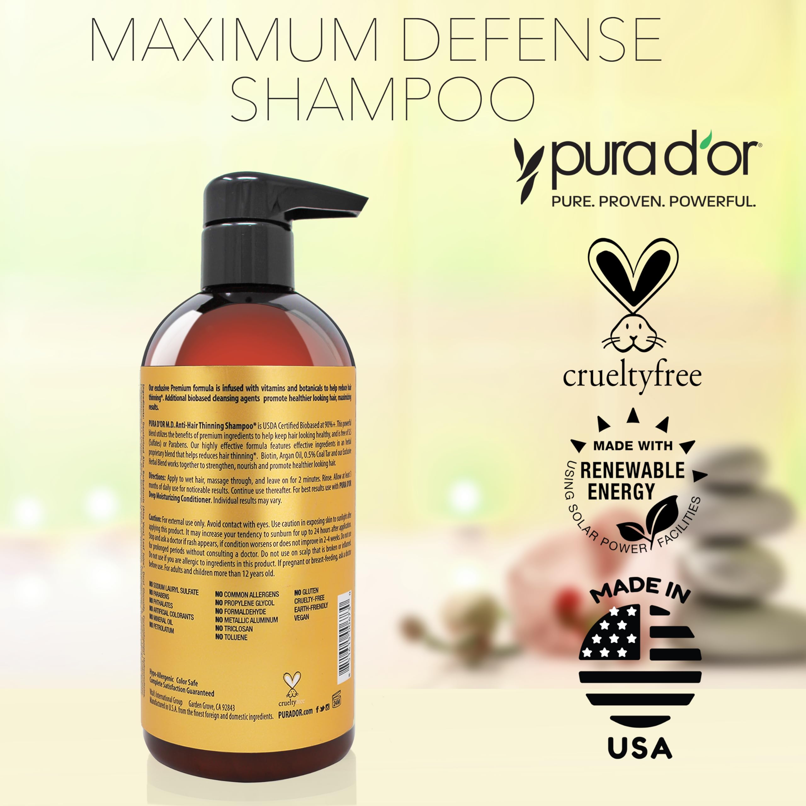 USA-made, vegan and cruelty-free packaging credentials on PURA D'OR