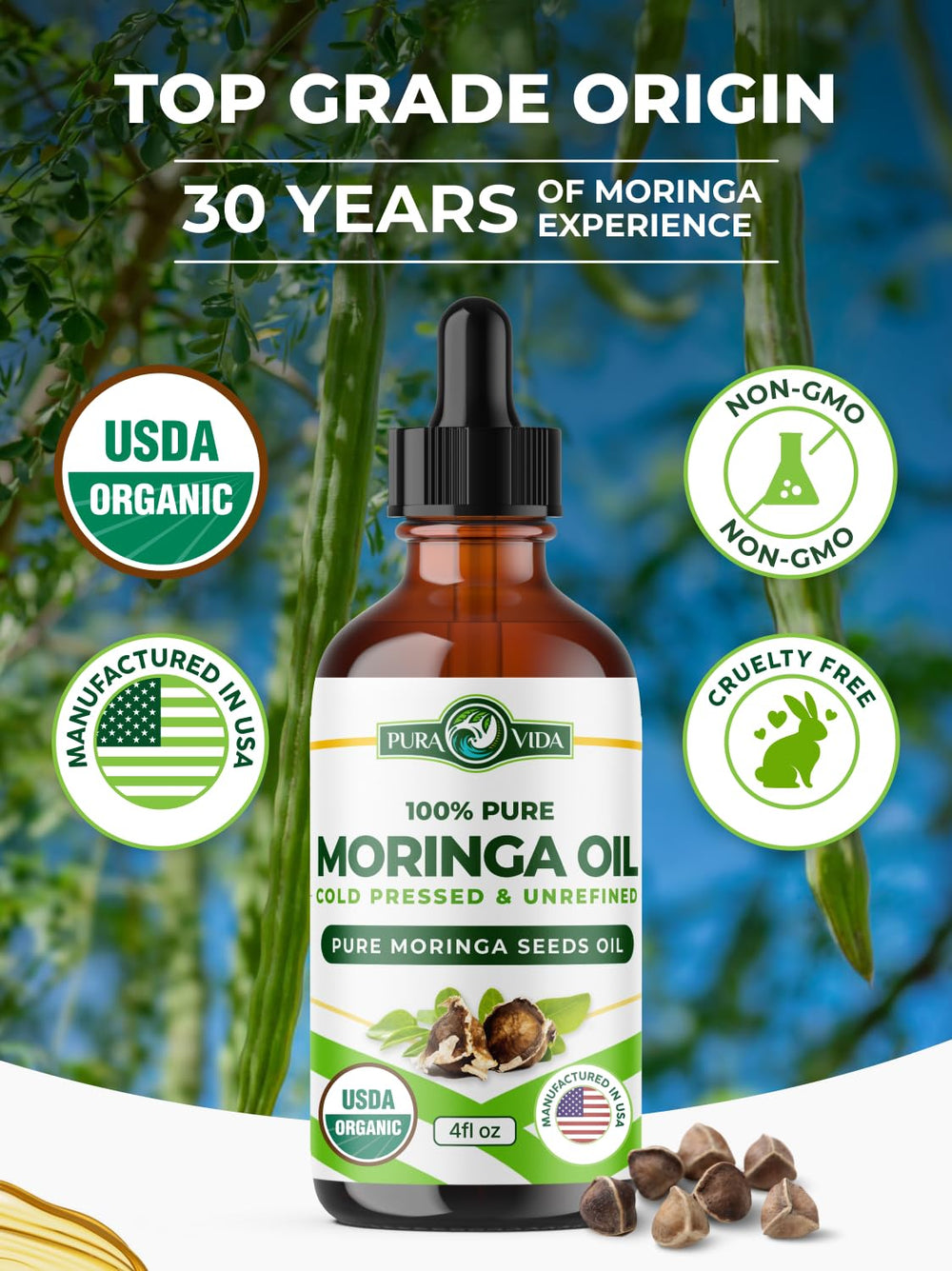 Pura Vida Moringa seeds and label display USDA Organic certification and cold-pressed method.