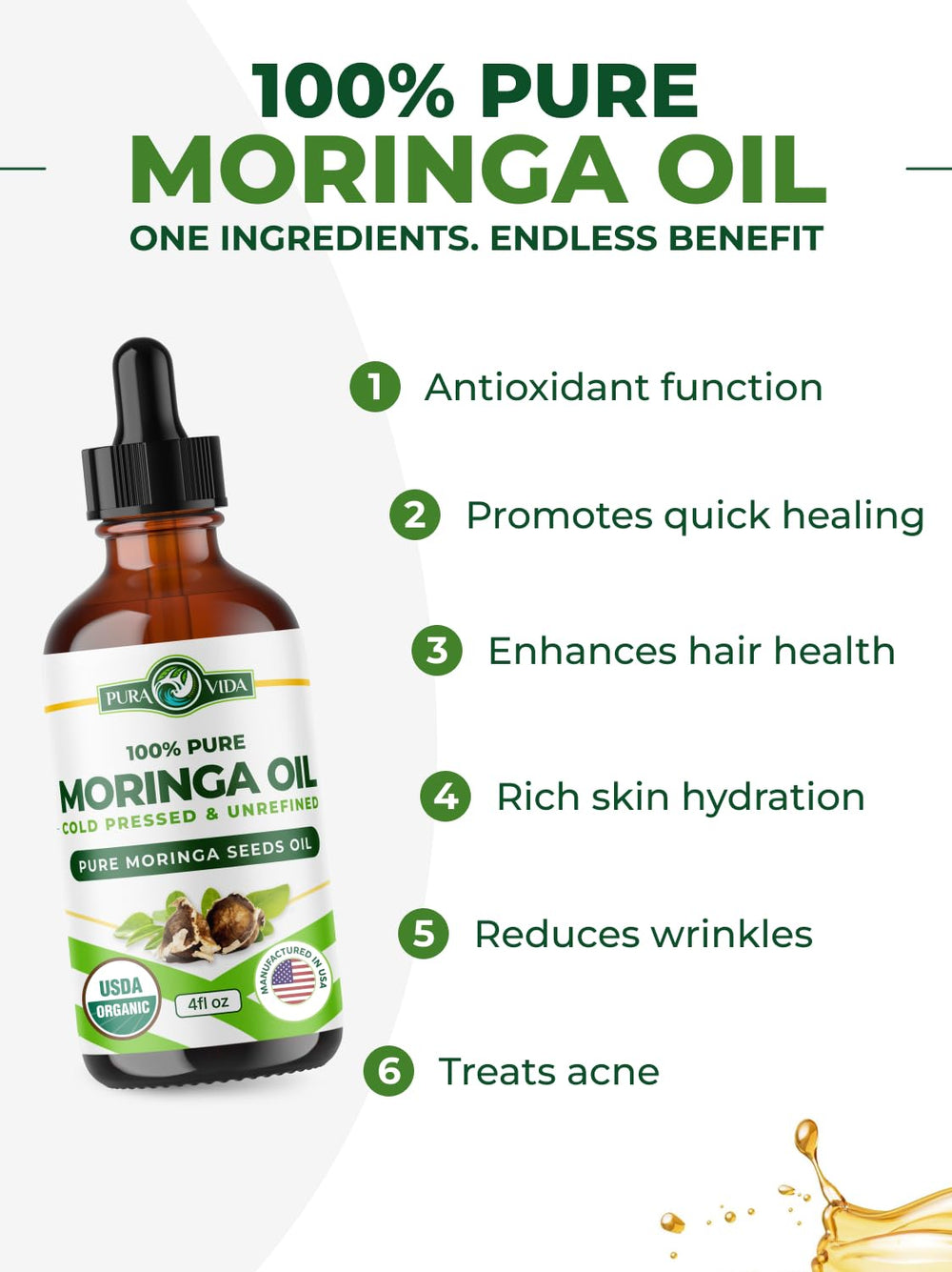 Pura Vida Moringa oil pour bottle ready for skincare and daily nourishment.