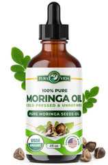 Pura Vida Moringa oil single-origin bottle shows purity for facial care and radiant skin.