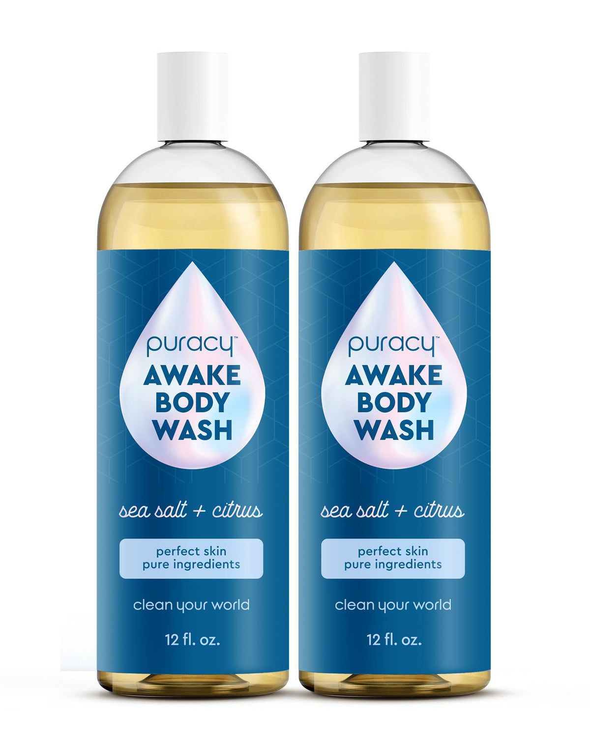 Puracy Awake body wash bottle with citrus sea salt scent for an energizing cleanse.
