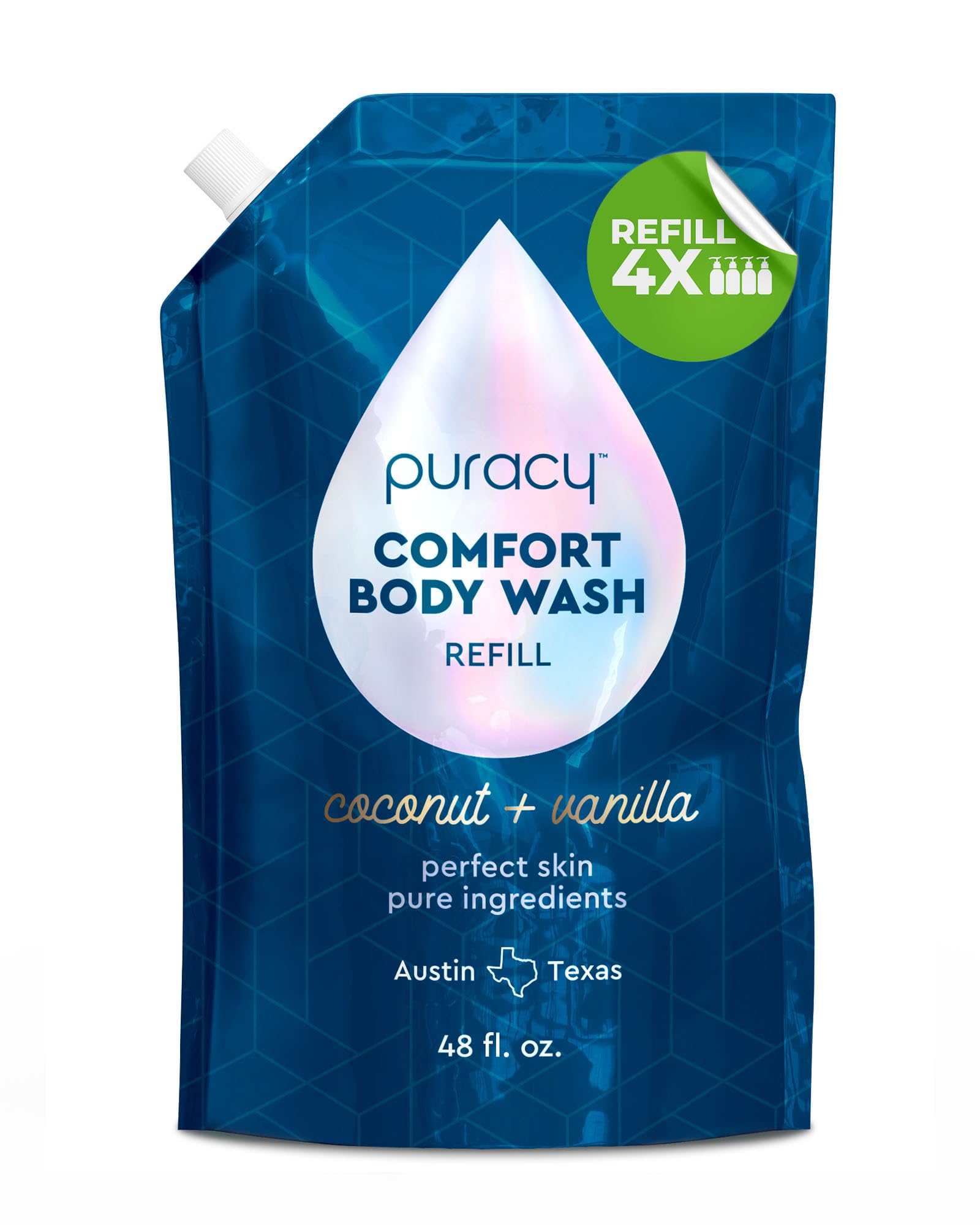 Puracy Body Wash bottle press showing gentle cleansing for all skin types