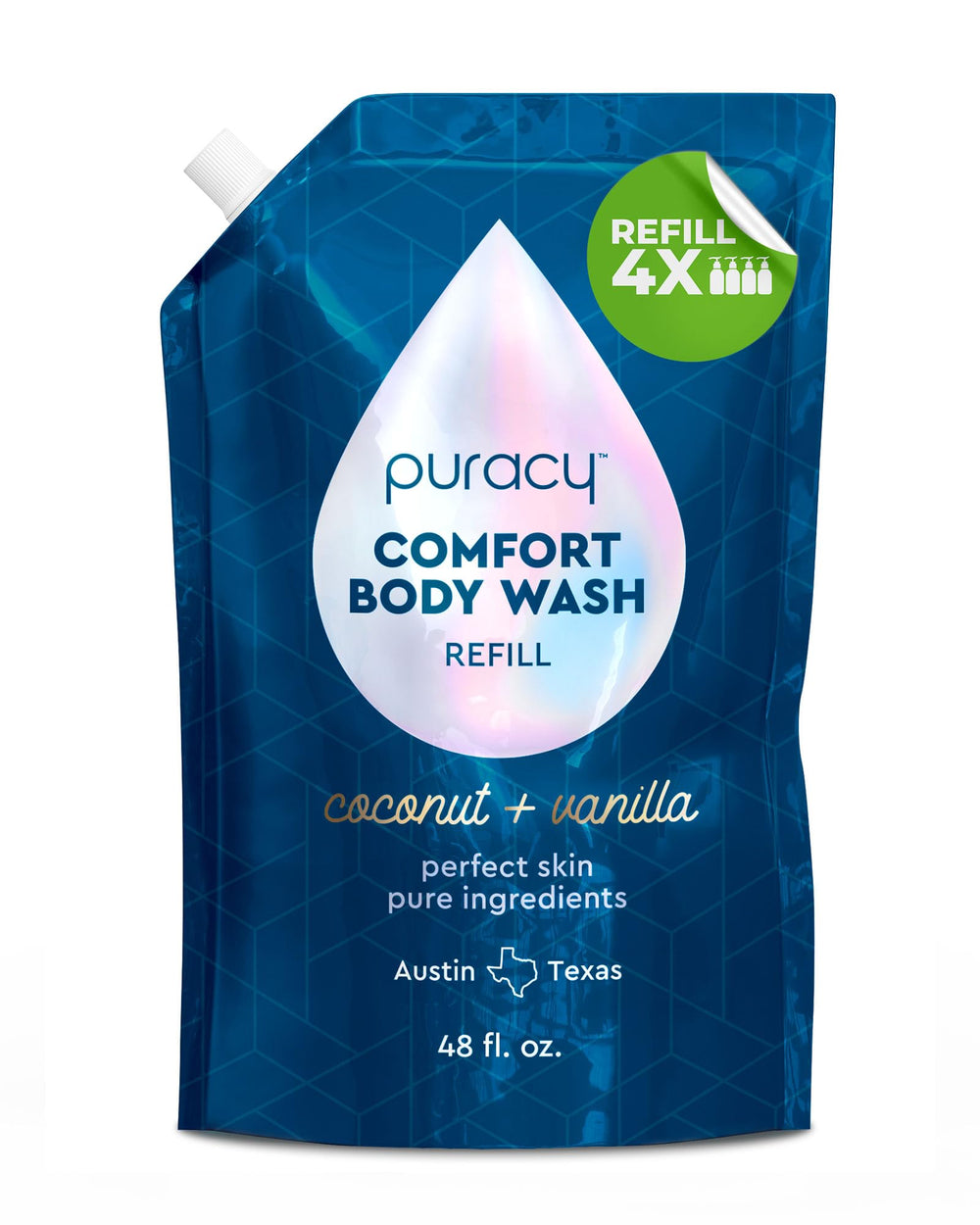 Puracy Body Wash bottle press showing gentle cleansing for all skin types