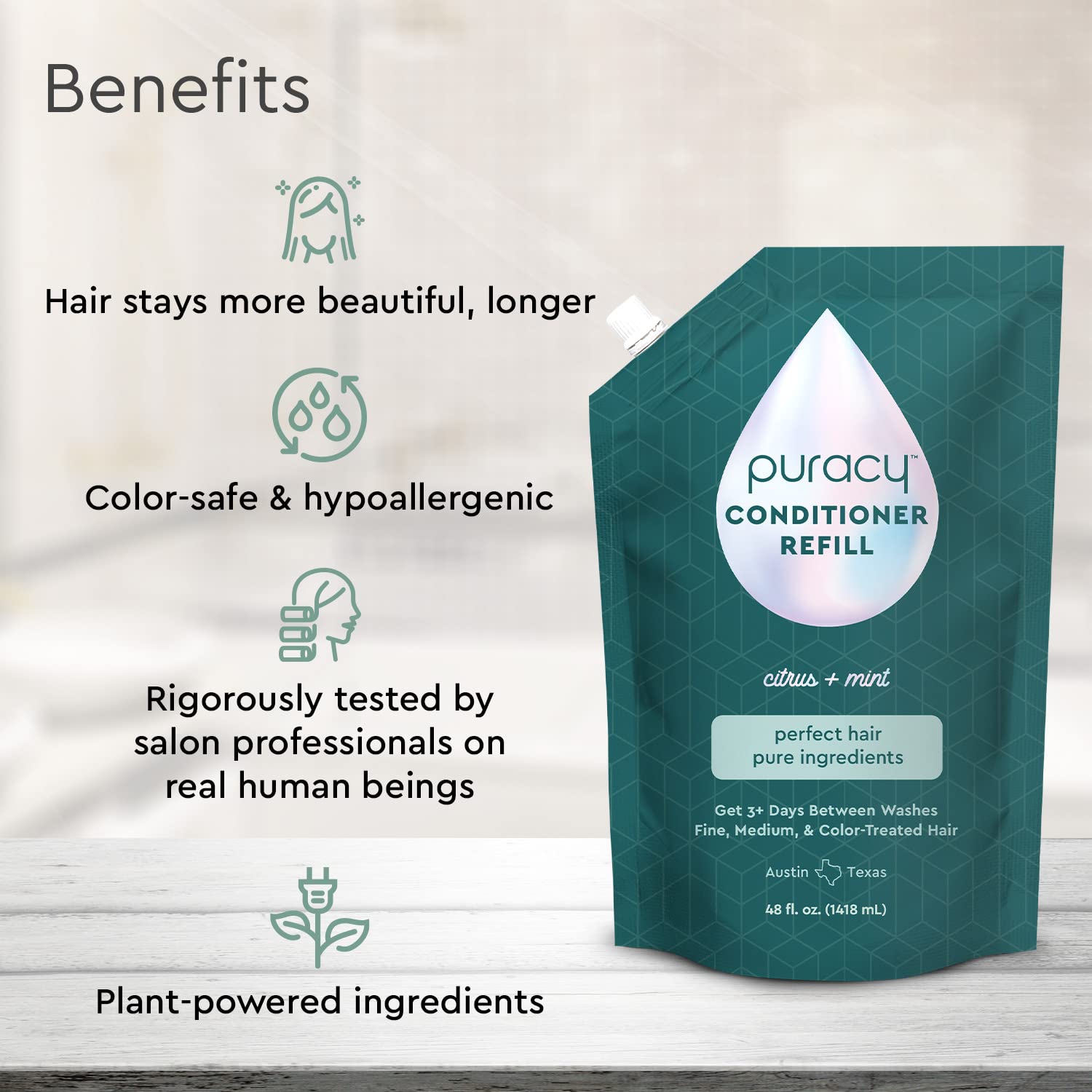 Puracy Conditioner bottle closeup shows pure ingredients and gentle care.