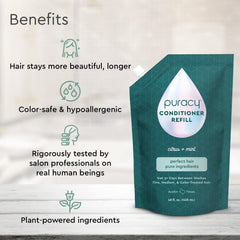 Puracy Conditioner bottle closeup shows pure ingredients and gentle care.