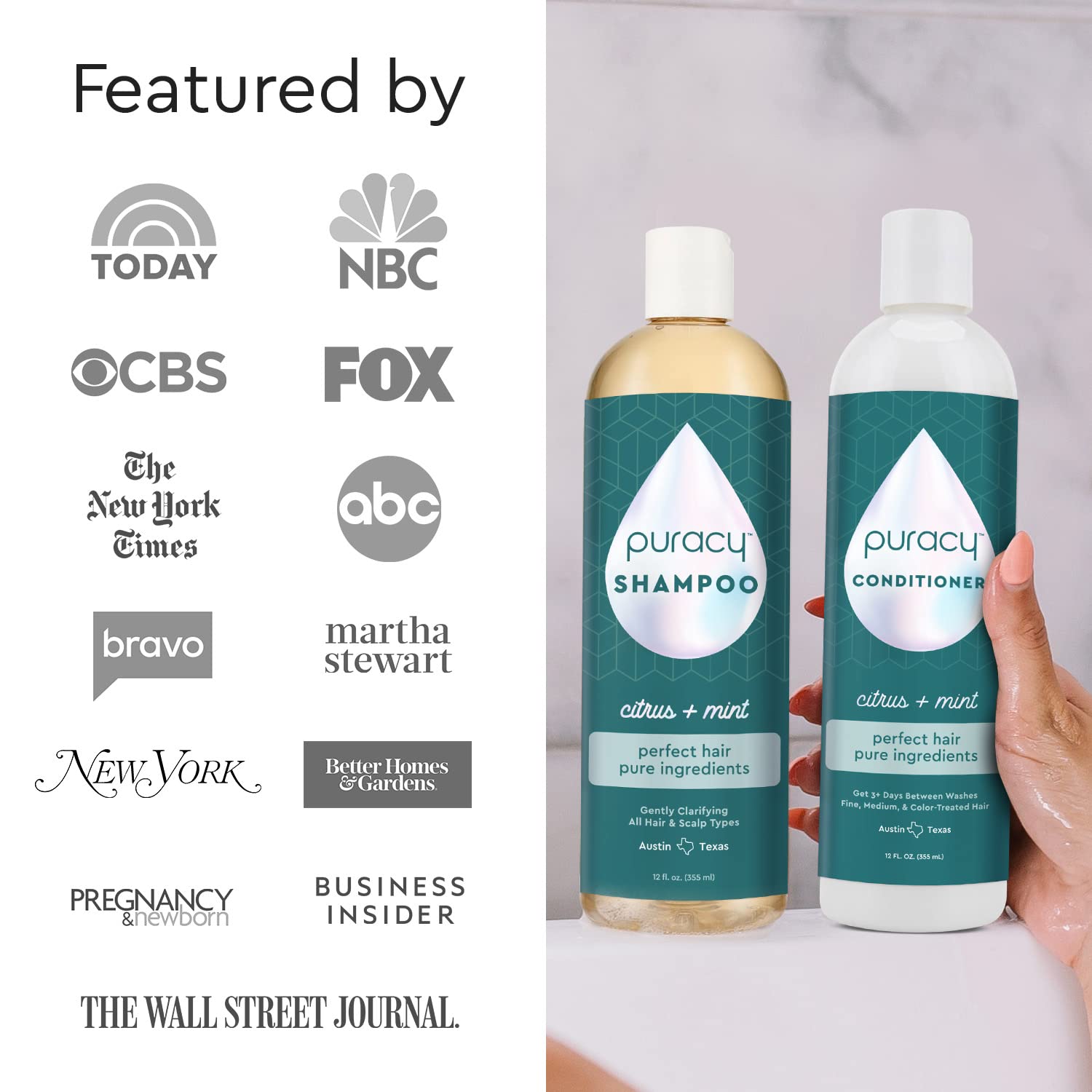 Puracy Conditioner fine hair closeup highlights silky, lightweight feel.
