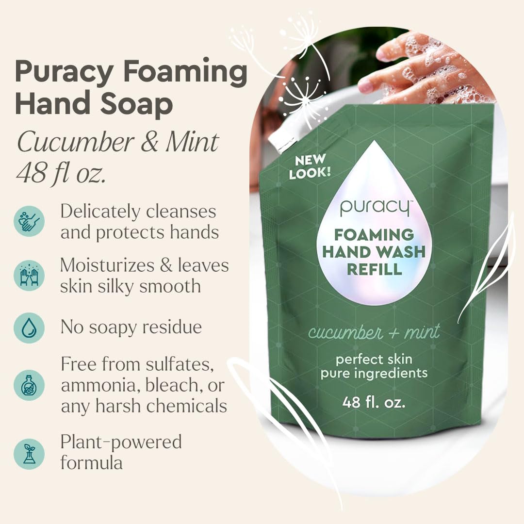 Puracy cucumber mint foam hand soap dispensed from a pump