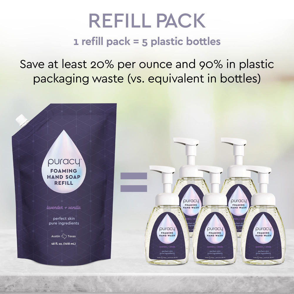 Puracy foaming hand soap refill bottle pour demonstrates easy refilling