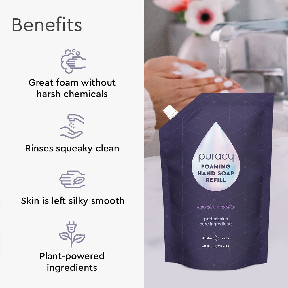 Puracy foaming hand soap refill label highlights vegan, cruelty-free ingredients