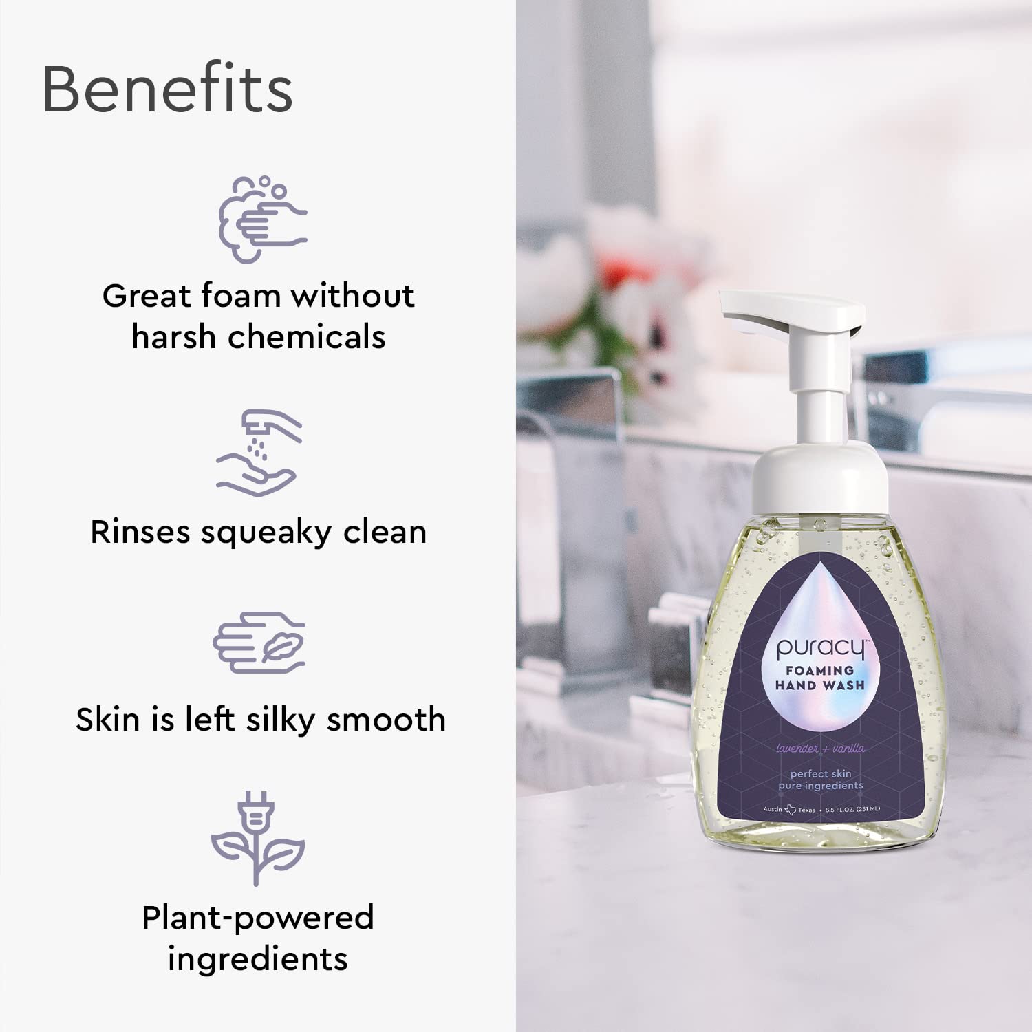 Puracy Jabon Espuma Lavanda Vanilla, textura densa para una sensación de limpieza reconfortante.