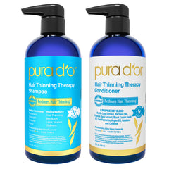 PURA D'OR Hair Thinning Therapy Shampoo bottle front, signaling volumizing and fortifying action.