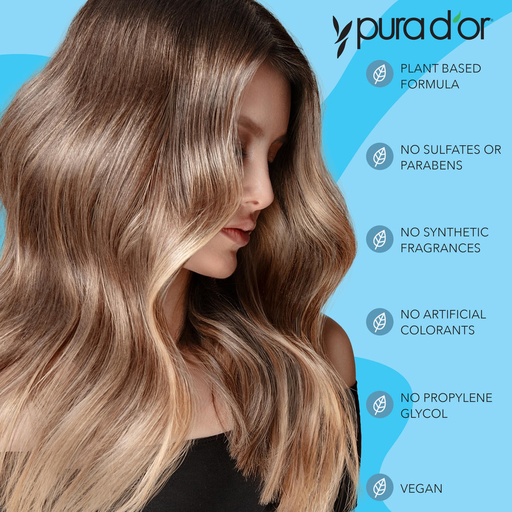 PURA D'OR shampoo label closeup highlights organic, sulfate-free ingredients.