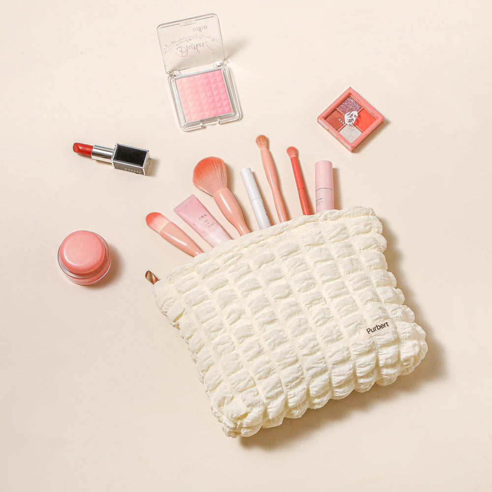 Purbert makeup bag close-up shows durable fabric and soft feel.