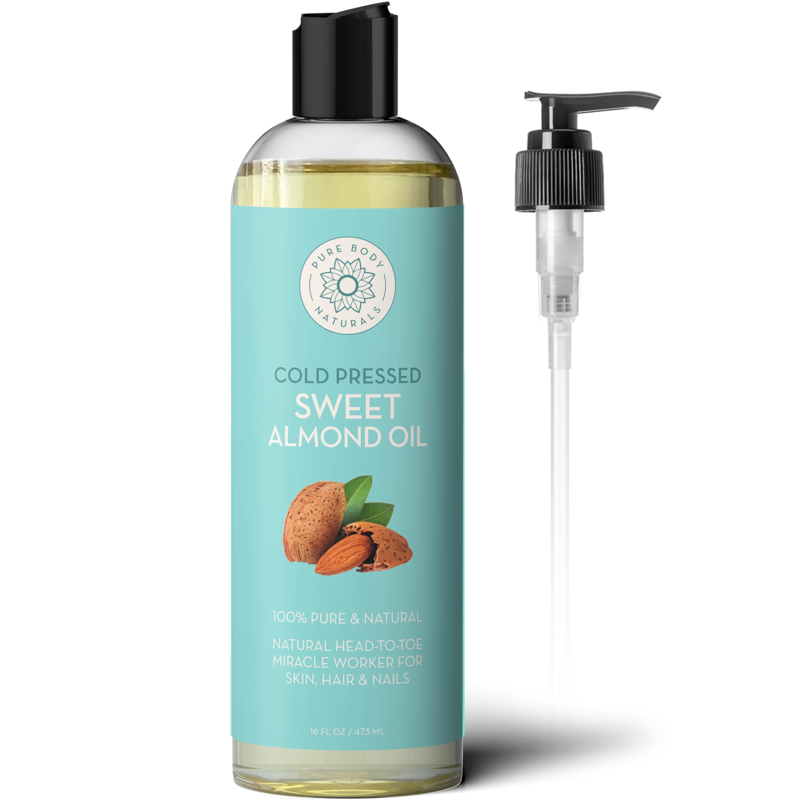 Pure Body Naturals Aceite de Almendras Dulces: botella visible para uso en piel suave