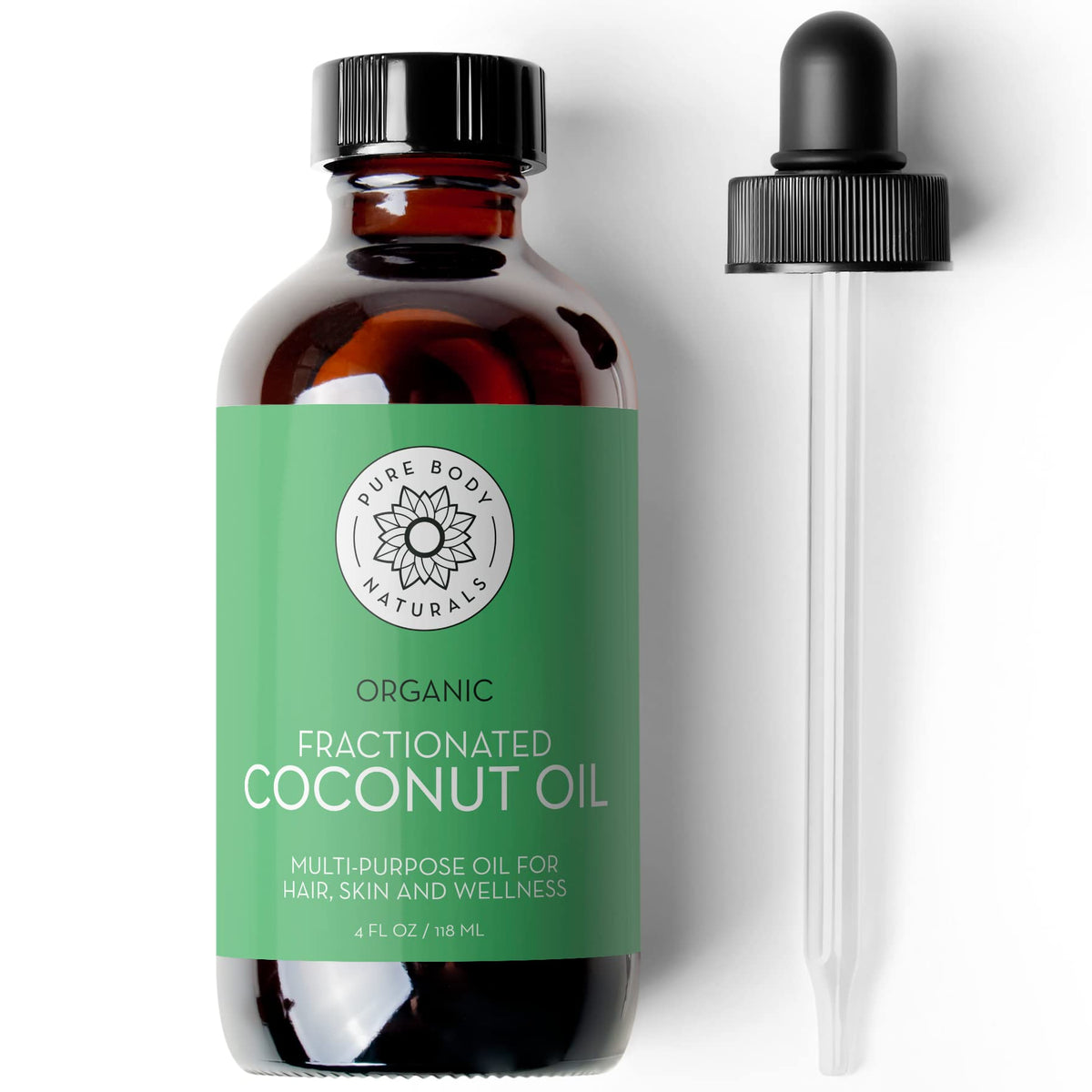 Pure Body Naturals aceite de coco fraccionado botella ámbar para piel suave