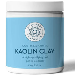 Pure Body Naturals kaolin clay powder texture closeup highlights fine, gentle exfoliation for dry skin.