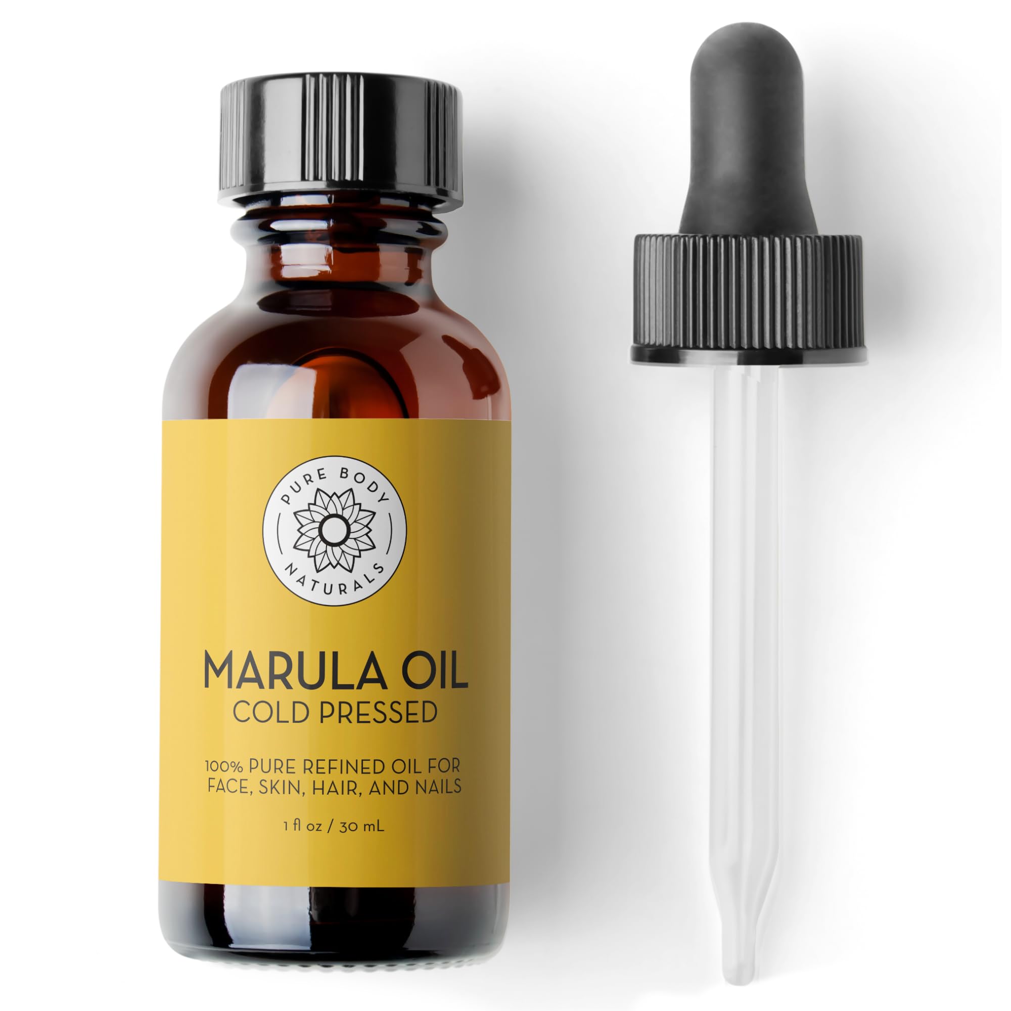 Pure Body Naturals Marula Oil en botella, textura ligera para piel radiante.