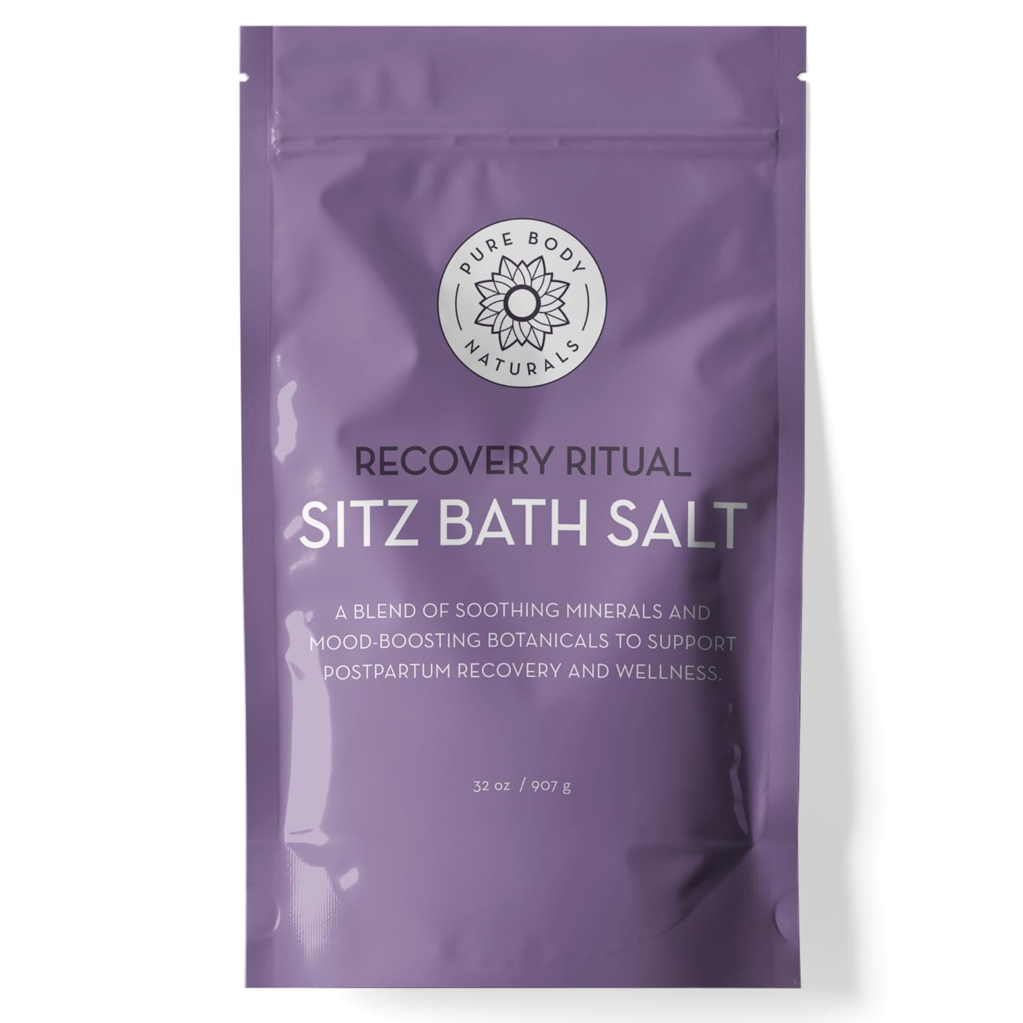 Pure Body Naturals Sitz Bath Salt bottle promotes soothing comfort after childbirth.