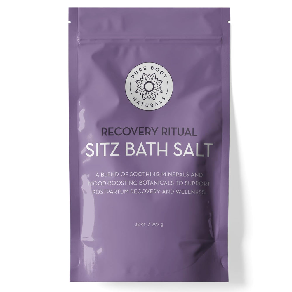 Pure Body Naturals Sitz Bath Salt bottle promotes soothing comfort after childbirth.