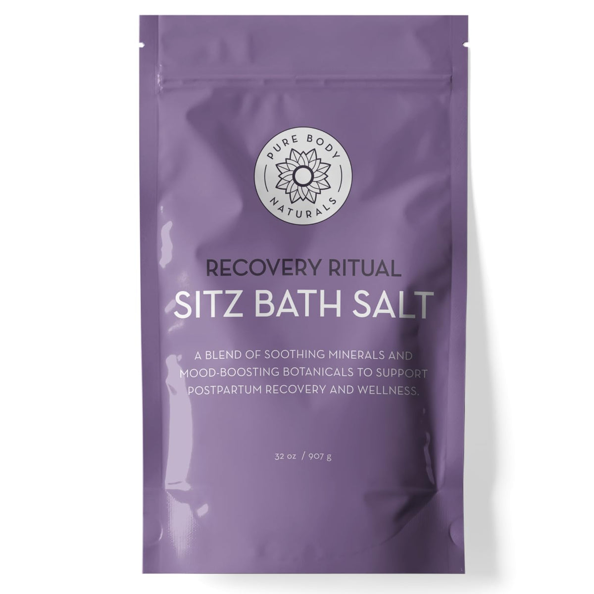 Pure Body Naturals Sitz Bath Salt bottle promotes soothing comfort after childbirth.