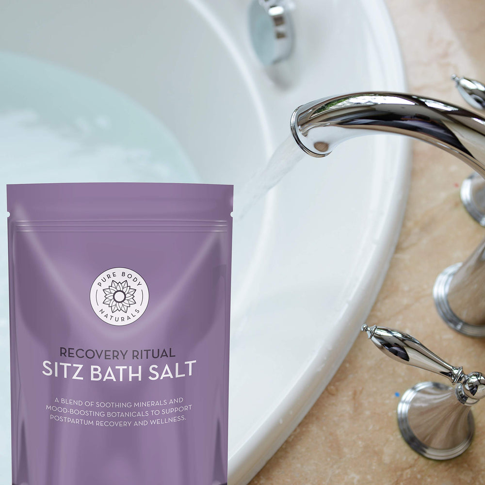 Pure Body Naturals Sitz Bath Salt postpartum care context suggests daily comfort rituals.
