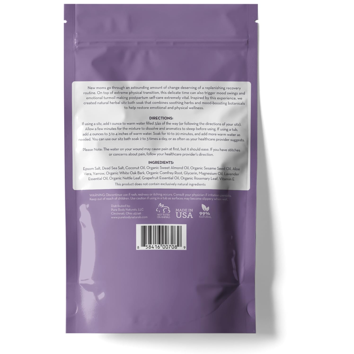Pure Body Naturals Sitz Bath Salt vegan cruelty-free label communicates ethical wellness.