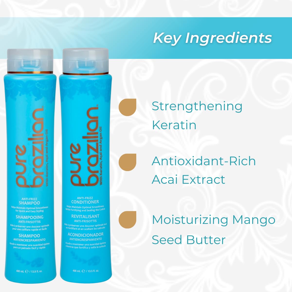 Pure Brazilian Anti-Frizz Daily Conditioner bottle highlighting keratin and bamboo for color-safe softness