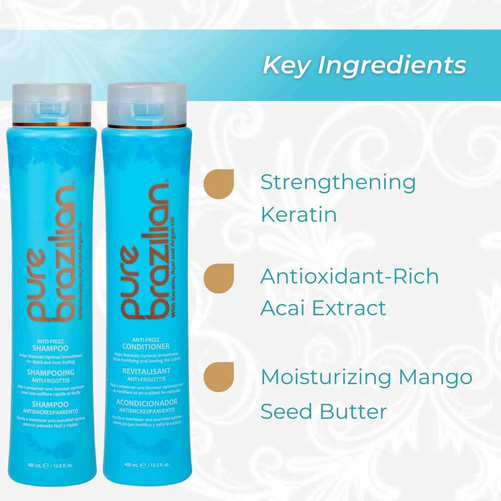 Pure Brazilian Anti-Frizz Daily Conditioner bottle highlighting keratin and bamboo for color-safe softness