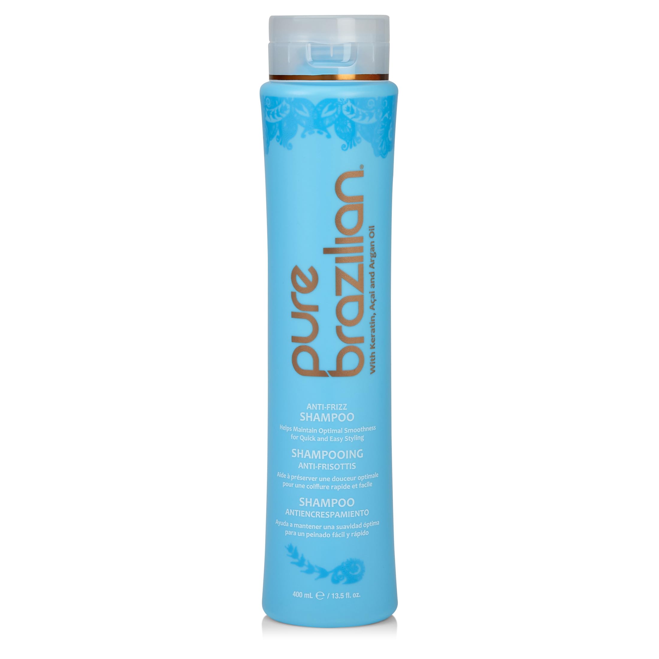 Pure Brazilian Anti-Frizz Daily Shampoo bottle being poured for gentle, salt-free cleansing.