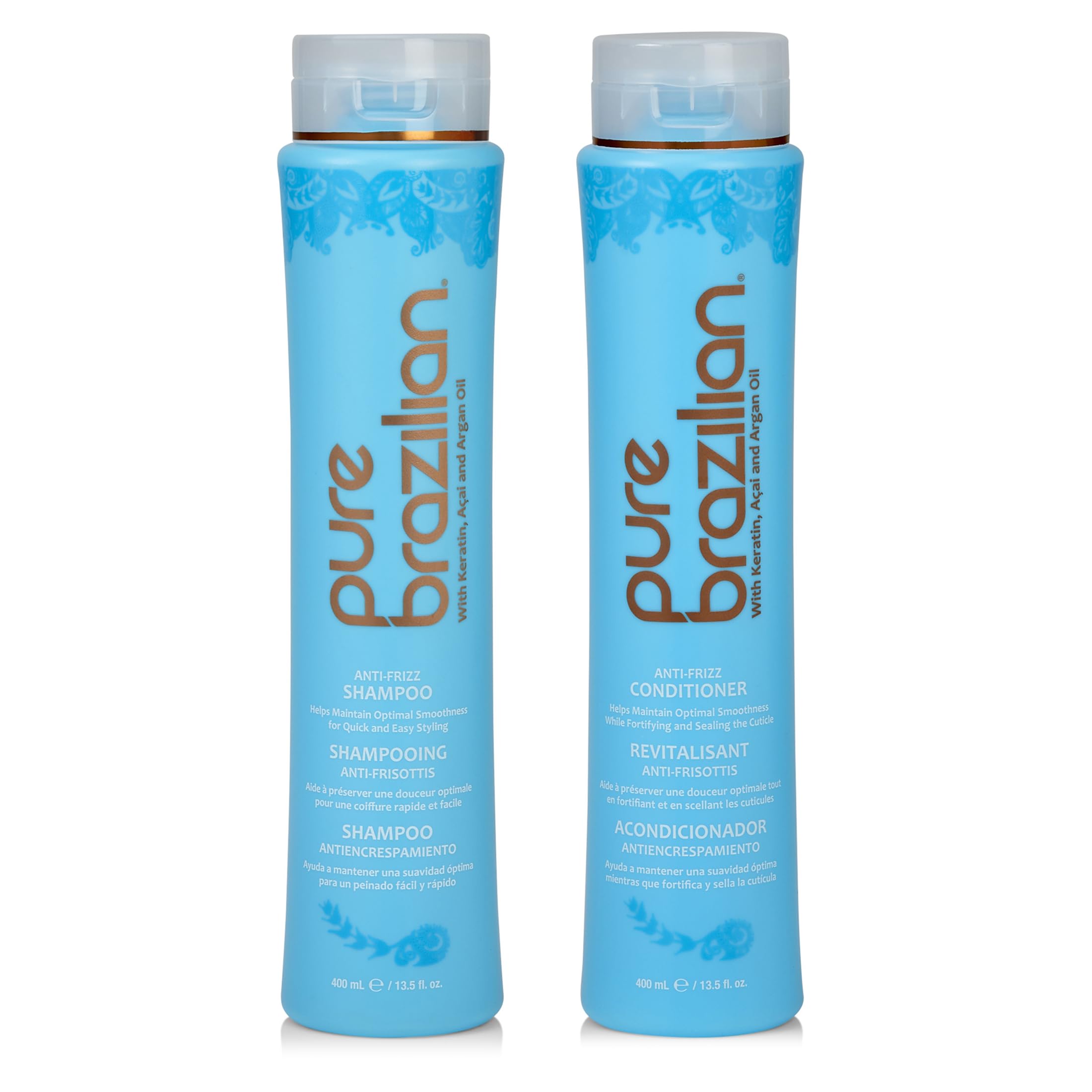 Pure Brazilian Anti-Frizz Daily Shampoo bottle showing moisture delivery and frizz control benefits