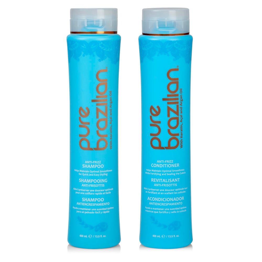 Pure Brazilian Anti-Frizz Daily Shampoo bottle showing moisture delivery and frizz control benefits